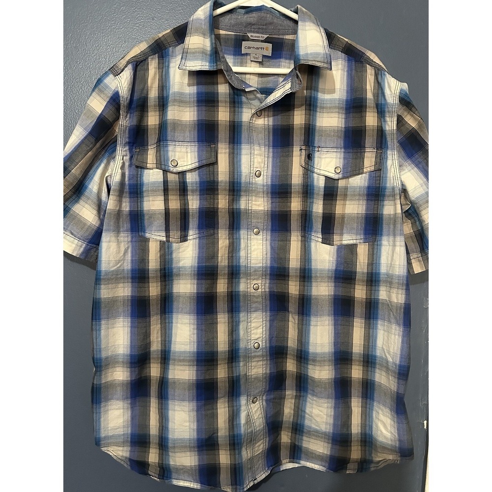 Mens Carhartt Plaid Button Up Size Large Relaxed Fit Button Snap